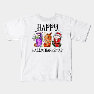 Happy HalloThanksMas Coffee Halloween Thanksgiving Xmas Kids T-Shirt